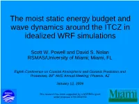 The Moist Static Energy Budget and Wave Dynamics Around the ITCZ in Idealized WRF Simulations