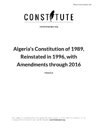 Algeria's Constitution of 1989, Reinstated in 1996, with Amendments Through 2016
