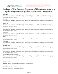 Analysis of the Genome Sequence of Phomopsis Vexans: a Fungal Pathogen Causing Phomopsis Blight of Eggplant