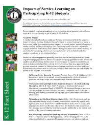 Impacts of Service-Learning on Participating K-12 Students