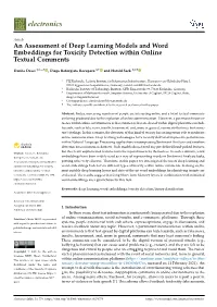 An Assessment of Deep Learning Models and Word Embeddings for Toxicity Detection Within Online Textual Comments