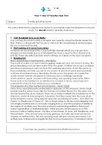 Year 11 Into 12 Transition Task One Subject Maths & Further Maths This