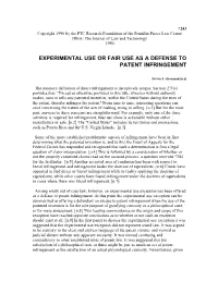 Experimental Use Or Fair Use As a Defense to Patent Infringement