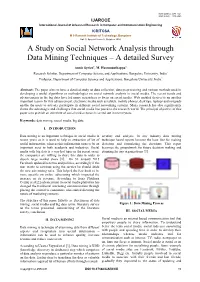 A Study on Social Network Analysis Through Data Mining Techniques – a Detailed Survey