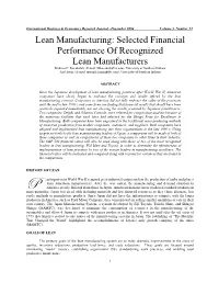 Lean Manufacturing: Selected Financial Performance of Recognized Lean Manufacturers Mehmet C