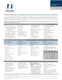 Conditions, Impairments Or Considerations That Would Disqualify a Proposed Insured from Approval