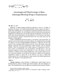 Advantages and Disadvantages of Beta- Adrenergic Blocking Drugs in Hypertension