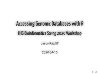Accessing Genomic Databases with R IIHG Bioinformatics Spring 2020 Workshop