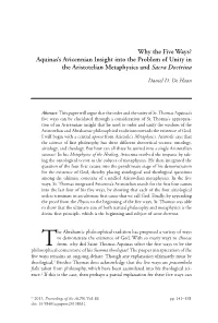 Why the Five Ways? Aquinas’S Avicennian Insight Into the Problem of Unity in the Aristotelian Metaphysics and Sacra Doctrina