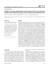 Histidine Enhances Carbamazepine Action Against Seizures and Improves Spatial Memory Deficits Induced by Chronic Transauricular Kindling in Rats1