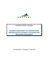 Resource Management Act Decisions Made Under Delegated Authority of Planning and Regulatory Department