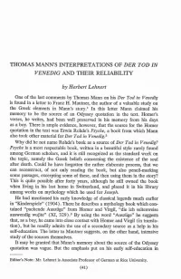 THOMAS MANN's INTERPRETATIONS of DER TOD in VENEDIG and TMEIR RELIABILITY by Herbert Lehnert