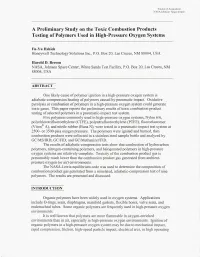 A Preliminary Study on the Toxic Combustion Products Testing of Polymers Used in High-Pressure Oxygen Systems