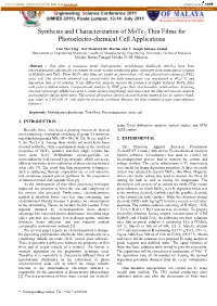 Synthesis and Characterization of Mote2 Thin Films for Photoelectro-Chemical Cell Applications