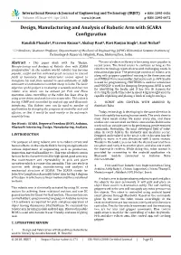 Design, Manufacturing and Analysis of Robotic Arm with SCARA Configuration