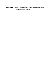 Appendix A: Agency Coordination, Public Involvement, and List of Receiving Parties