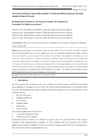 Article an Critical Analysis of Speech Recognition of Tamil and Malay Language Through Artificial Neural Network
