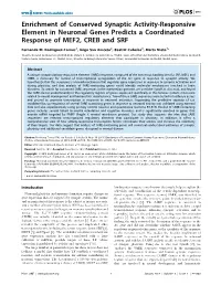 Enrichment of Conserved Synaptic Activity-Responsive Element in Neuronal Genes Predicts a Coordinated Response of MEF2, CREB and SRF