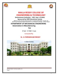 DEPARTMENT of MECHANICAL ENGINEERING Automation In
