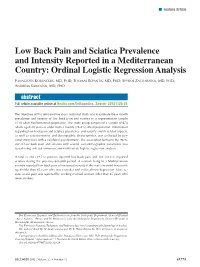 Low Back Pain and Sciatica Prevalence and Intensity Reported in a Mediterranean Country: Ordinal Logistic Regression Analysis