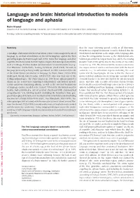Historical Introduction to Models of Language and Aphasia