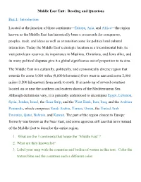 Middle East Unit: Reading and Questions Part 1:​ Introduction Located at the Junction of Three Continents—​Europe​,​