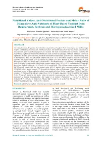 Nutritional Values, Anti-Nutritional Factors and Molar Ratio of Minerals