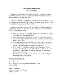 Astronomy in the Park 2014 Schedule