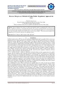 Reverse Merger As a Method of Going Public: Regulatory Approach in U.S