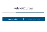 September 2015 M&A and Investment Summary Table of Contents