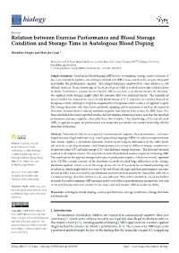 Relation Between Exercise Performance and Blood Storage Condition and Storage Time in Autologous Blood Doping