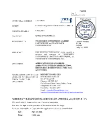 Application for an Order Approving Interim Distribution, Receiver's