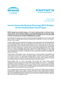 Icomera to Provide Dynamic Passenger Wi-Fi Solution for the Honolulu Rail Transit Project