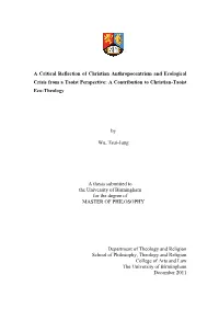 A Critical Reflection of Christian Anthropocentrism and Ecological Crisis from a Taoist Perspective: a Contribution to Christian-Taoist Eco-Theology