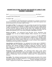 Assumption of Risk, Release and Waiver of Liability and Indemnity Agreement