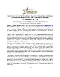 Nexstar Inc. to Host Statewide Live Telecast of Texas Governor’S 2021 “State of the State” Address and a Democratic Response St on February 1 at 7 Pm