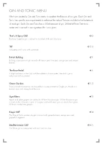 Gin and Tonic Menu