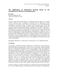 The Significance of Behavioural Learning Theory to the Development of Effective Coaching Practice