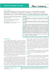 Identify Distinct Prognostic Impact of ALDH1 Family Members by TCGA Database in Acute Myeloid Leukemia