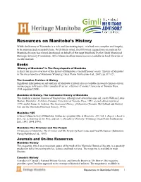 Resources on Manitoba History 1 Most Libraries