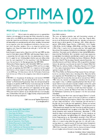 OPTIMA Mathematical Optimization Society Newsletter 102 MOS Chair’S Column Note from the Editors