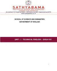 Unit – I Technical English – Shsa1101