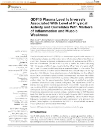 GDF15 Plasma Level Is Inversely Associated with Level of Physical Activity and Correlates with Markers of Inflammation and Muscl