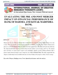 Evaluating the Pre and Post Merger Impact on Financial Performance of Bank of Baroda and Kotak Mahindra Bank