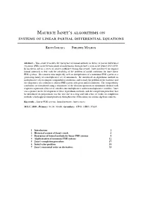Maurice Janet’S Algorithms on Systems of Linear Partial Differential Equations