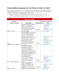 Vulnerability Summary for the Week of July 10, 2017
