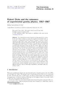 Robert Dicke and the Naissance of Experimental Gravity Physics