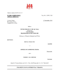 1299/1/3/18 Royal Mail PLC V Office of Communications – Judgment