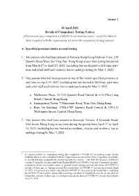 Annex 1 30 April 2021 Details of Compulsory Testing Notices A. Specified Premises Under Second Testing 1. Any Person Who Had