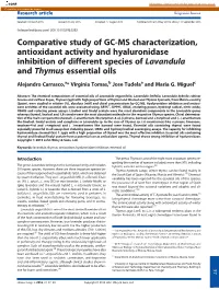 Comparative Study of GC-MS Characterization, Antioxidant Activity and Hyaluronidase Inhibition of Different Species of Lavandula and Thymus Essential Oils